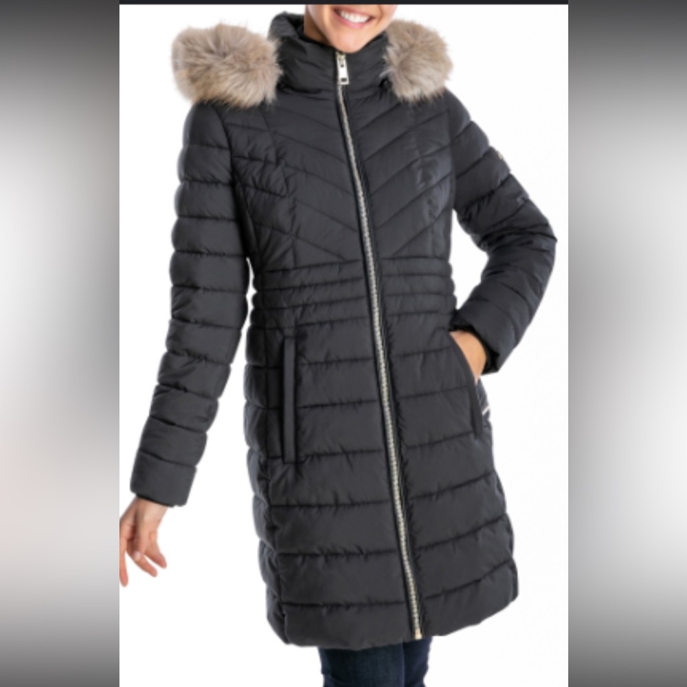 Michael Kors Black Quilted Down Long Puffer Coat with Faux Fur Hood Gold Accents